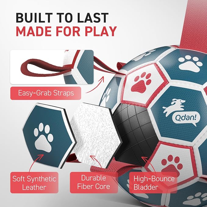 QDAN Dog Toys Soccer Ball with Straps, Durable Giant Dog Balls, Outdoor Dogs Toys, Herding Ball, Birthday Gifts (10 Inch)