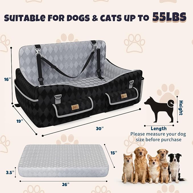 Dog Car Seat for Medium/Large Dogs up to 55lbs, 4-Pocket Storage Memory Foam Dog Booster Seat, Detachable Washable Pet Car Seat with Safety Belt, Outdoor & Indoor Use (Blue/Grey)
