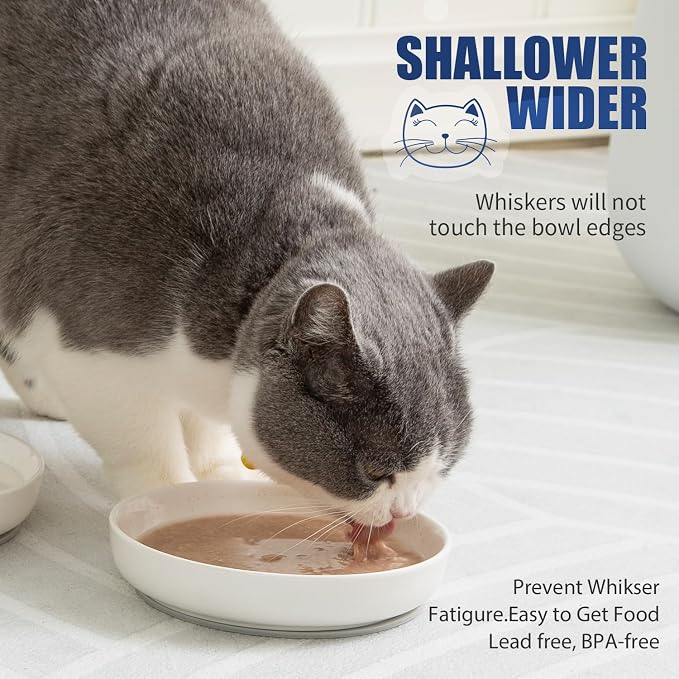 Lusifaco Shallow Cat Food Bowls, 5.9 Inch Wide Ceramic Cat Dish for Indoor Cat,Anti Whisker Fatigue Cat Dishes Set, Kitten Plates for Food and Water,Non-Slip Silicone Mat,3 Pack(Pink)