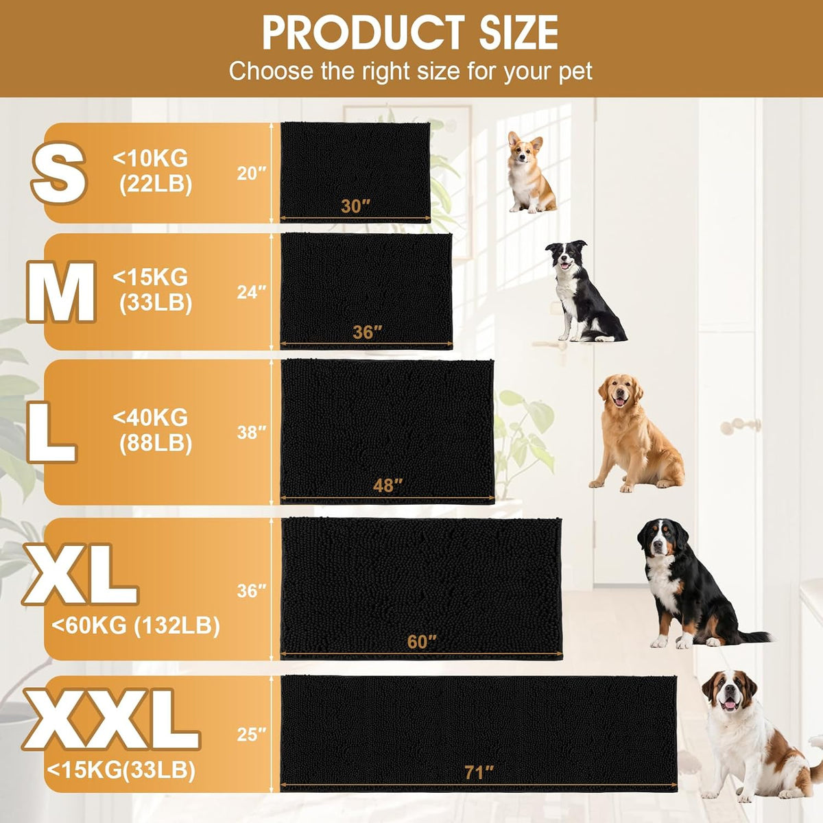 IM HOME Extra Large Dog Door Mats for Muddy Paws, Chenille Absorbent Dog Mats, Non Slip Heavy Mud Mat for Dogs, Soft Pet Mat for Entryway, Mud Paws, Inside Floor,71" x 25", Black