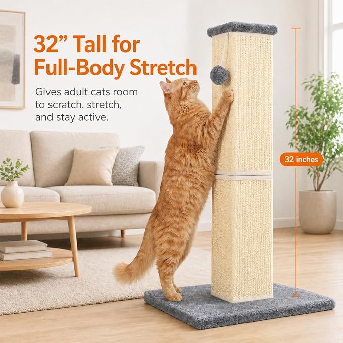 Cat Scratching Post for Large Indoor Cats & Kittens, Cat Scratcher with Extra Large Stable Base and Natural Sisal, Sturdy Cat Scratch Post to Protect Furniture & Couch, Grey, 32 Inch