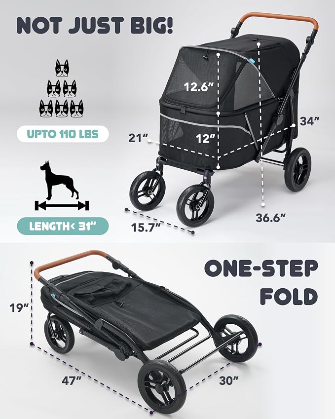 Zoosky Pet Stroller for Large Dogs up to 110lbs, Large Pet Stroller for Multiple Pets, All-Terrain with Adjustable Handle & Mesh Dual-Window, 1680D Waterproof Oxford Fiber