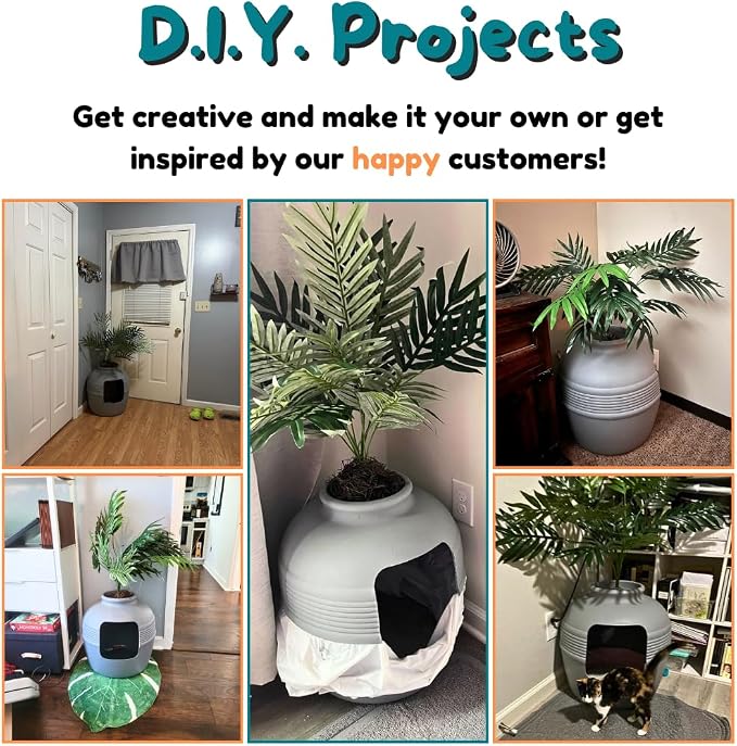 Good Pet Stuff Original Hidden Litter Box Planter, Decorative Cat Litter Enclosure with Carbon Filter, Artificial Palm Plant, Upgraded Design, Easy Clean Litter Tray, Essentials Kit, Stone Gray