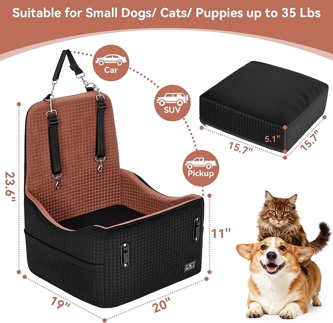 PETSFIT Dog Booster Car Seat with Patented Safety System, 5" Elevated Pad | Fully Detachable Washable Cover, Memory Foam Pet Car Seat for Small/Medium Dogs Up to 35 Lbs with Safety Belt
