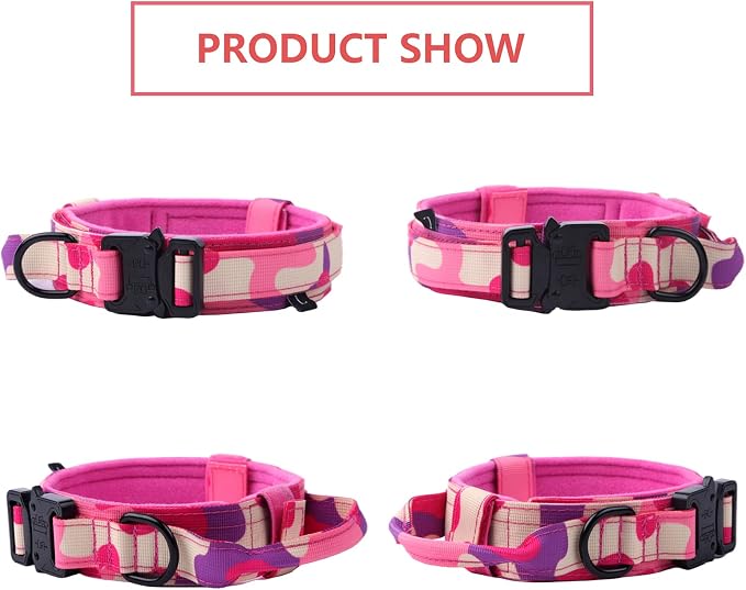 Tactical Dog Collar Adjustable Military Nylon Dog Collar with Control Handle and Heavy Duty Metal Buckle for Medium and Large Dogs (Pink Camo,L) | 1000D Heavy-Duty Nylon Fabric,Quick-Release Metal Buckle,Adjustable Fit,Soft-Padded Webbing,D-Ring,for Tr...