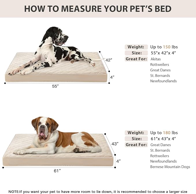 WNPETHOME Orthopedic XXL Dog Beds for Large Senior Dog Bed Comfy Sleeping | XXL Washable Waterproof Dogs Bed with Removable Cover, Multi-Needle Quilting Dogs Crate Bed for Relax , Beige 55x42 Inch