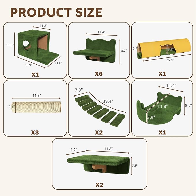 Cat Wall Furniture, 9 in 1 Cat Wall Shelves Set with Bridge, Beige | Wall Mounted Cats Shelf for Space-Saving, Multi-Level Cat Climbing Systems for 16 Inch Drywall, with Scratching Posts, Condos