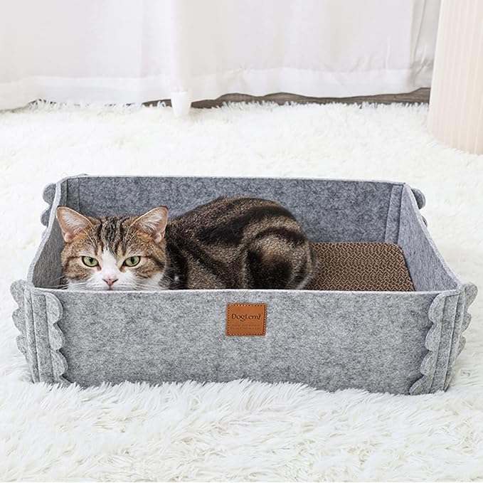 Cat Lounge Scratcher Box with Removable Cardboard (Grey) | High-density Corrugated Cardboard with Double-sided Use, Soft Felt Fabric, Release Stress and Protect Furniture