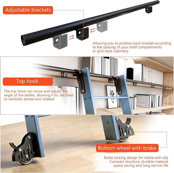 DIYHD 108" Rolling Library Ladder with Handrail, 4FT Sliding Rail, Blue | 9-Step lightweight ladder with space-saving upright storage, Telescopic top hooks, Locking bottom rollers, 300lbs capacity