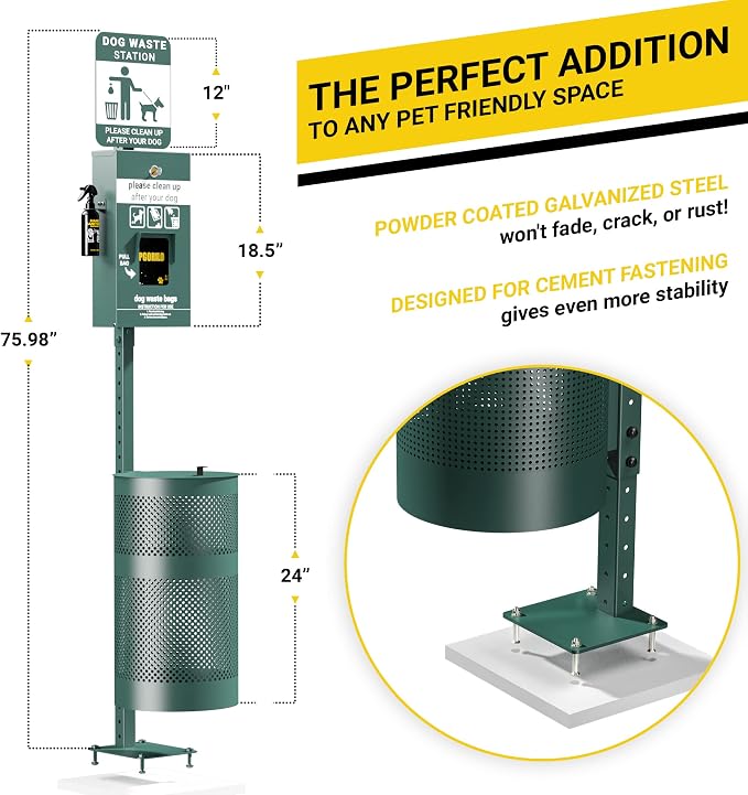 Pet Waste Station - Includes 400 Pull Out Bags & 50 Can Liners - Original Glow in the Dark Dog Waste Station with Dog Poop Sign, Bag Dispenser, Hand Sanitizer Bottle & Outdoor Trash Can with Lid