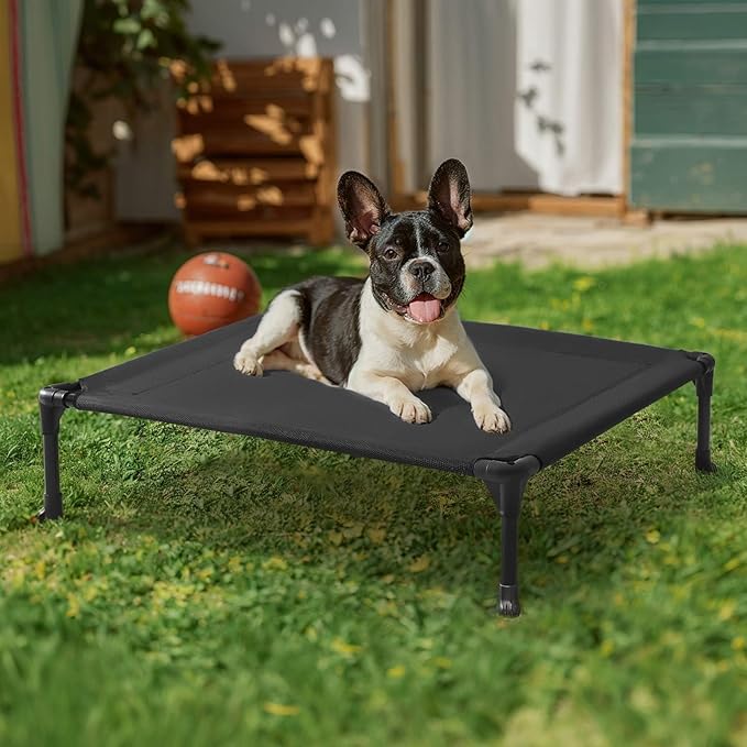 Veehoo Outdoor Elevated Dog Bed for Medium Dogs, Cooling Raised Dog Cots | Off-ground training platform, portable camping hammock, breathable mesh, easy to clean, no-tool setup, 32"x25", Black
