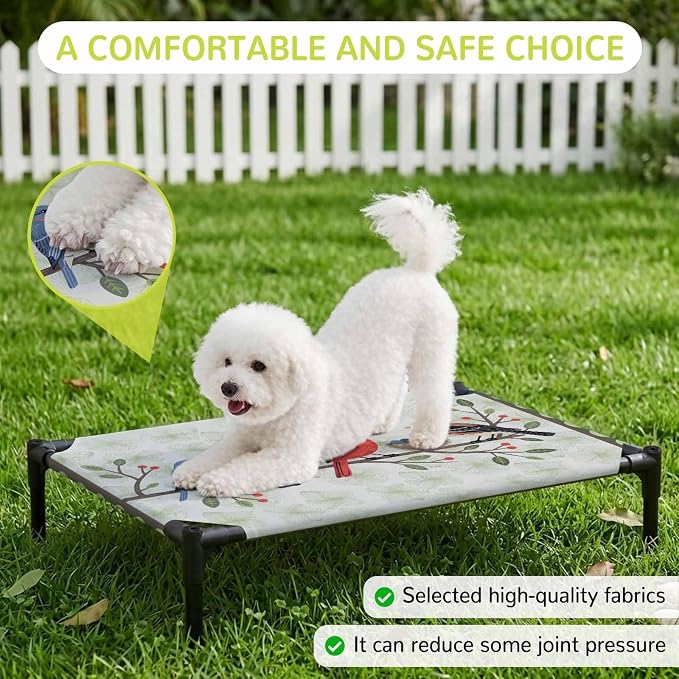 Outdoor Elevated Dog Bed for Medium Dogs, Rustic Cardinal Bird Breathable Cooling Raised Dog Cot for Indoor/Outdoor, Green Leaves Branches Country Berries Waterproof Elevated Pet Beds, M 24 x 20 in
