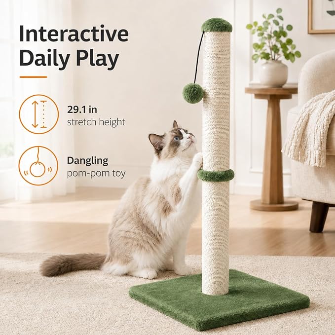 Dimaka Tall Cat Scratching Post, Claw Scratcher with Sisal Rope and Covered with Soft Smooth Plush, Vertical Scratch [Full Strectch] for Standard Size Cats (Green, 29 inches for All Cats)
