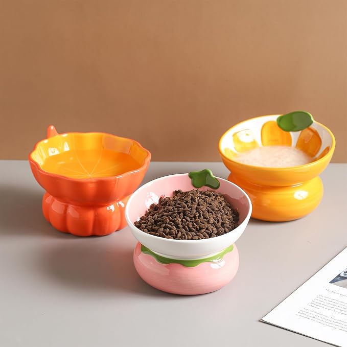 Pumpkin Raised Ceramic Cat Water Bowl, 9 oz, Whisker Friendly | Elevated cat bowl encourages healthy hydration and reduces neck strain. Suitable for most cats. Dishwasher safe