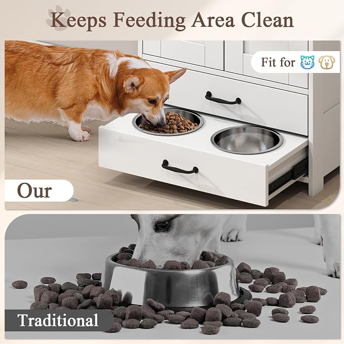 Rovibek Dog Feeding Station with Elevated Dog Bowls with Storage Drawers | Pet Storage Cabinet and Pet Feeding Station with Leash Hooks, Pet Organizers for Food & Supplies, White