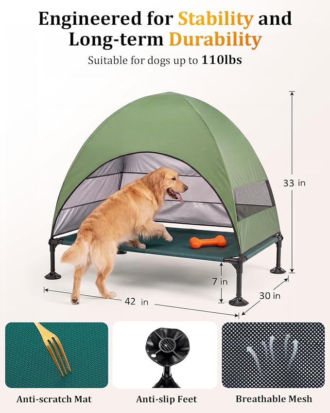 Elevated Outdoor Dog Bed with Canopy, Raised Dog Cot with Stable Adjustable Feet, Dog Camping Bed with Larger Shade, Lifted Dog Tent Bed with Canopy for Outside (Green, Large)