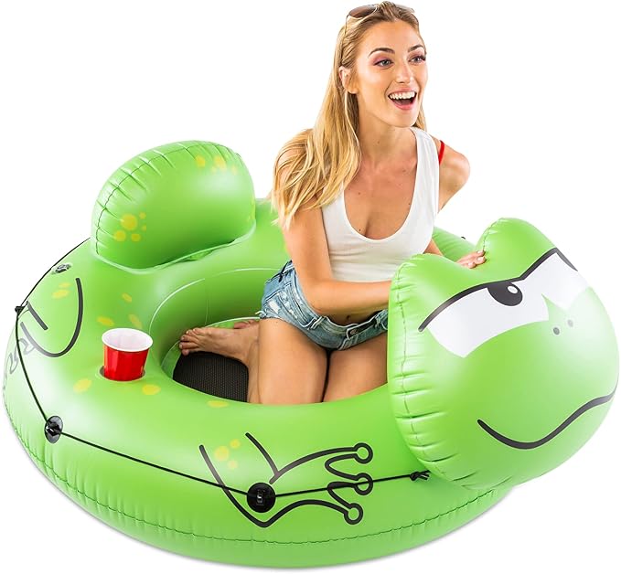 BigMouth Inc Large Frog River Tube with Mesh Seat, Heavy Duty Vinyl Raft for Waterway Drifting, Built-in Cup Holder and Grab Rope, Comfortable Floating Ride for Lakes, Streams, Adults and Kids