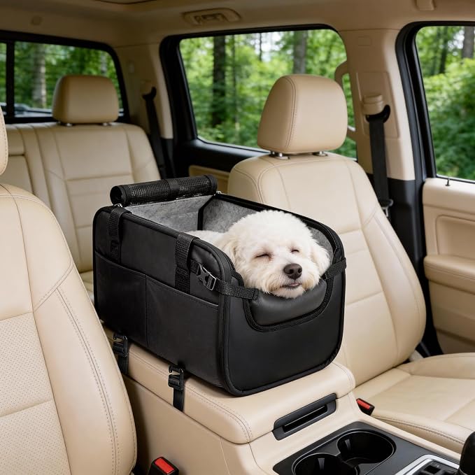 YUDODO Large Dog Car Seat for Center Console 10-18lbs, PU Booster Bed | Portable Puppy Cat Seat, Waterproof, Wipe Clean, Safe & Durable, Side Pockets, for Truck & SUV-Width>9.5in, Anti-Slip, Black
