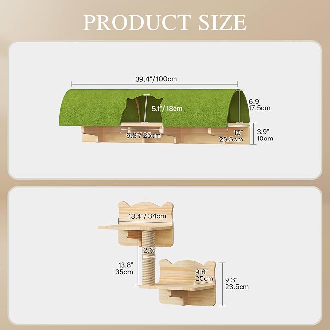 7-in-1 Cat Shelves for Wall, Cat Wall Furniture Set with Tunnel | Multi-Level Floating Cat Shelves for Space Saving, Solid Wood Cat Climbing System with Scratching Posts, Burlywood