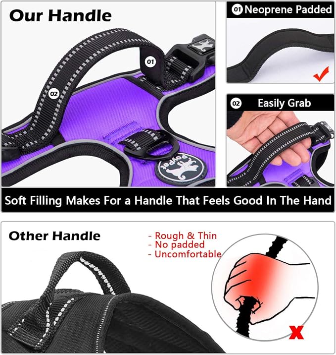 PoyPet No Pull Dog Harness Medium with Front Clip & Neck Release Buckle | No Choke, Adjustable Vest, Reflective, Back Clip, Lockable, Soft Padded, Easy Control Handle for Walking Training, M, Purple