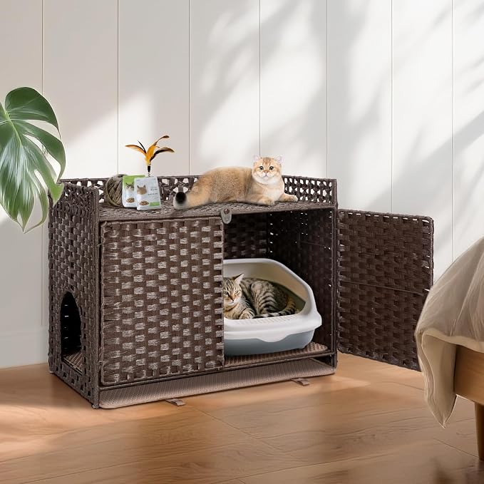 Hidden Cat Litter Box Furniture Enclosure – Handwoven Rattan Pet House with Removable Mat, Large Indoor Cat Litter Box with Elevated Metal Feet (30.3x18.2x24.5in), Modern Design for Living Room,Brown