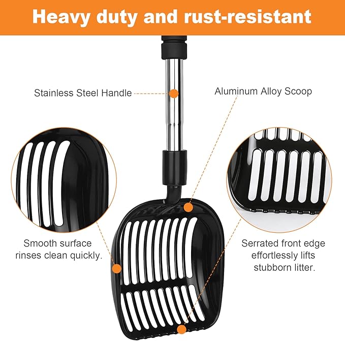 Cat Litter Scoop, Metal Litter Scooper with Detachable Long Handle, Cat Litter Sifter with Deep Shovel, Wide Slits for Easy Cleaning, Large Cat Poop Scooper Includes Hook