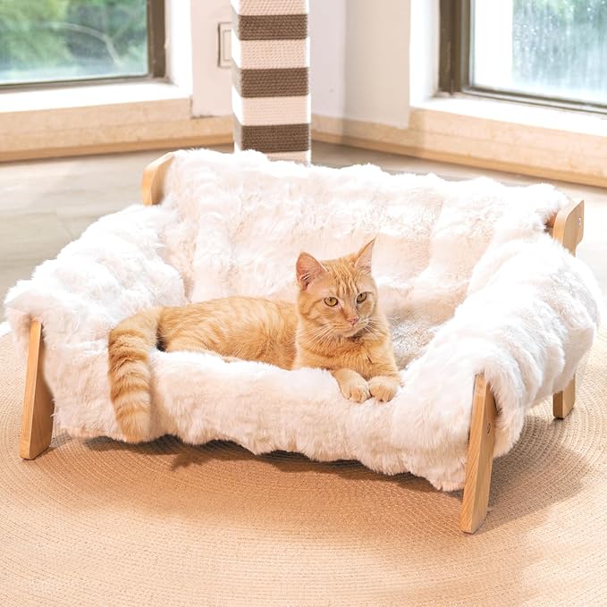 CHEERHOME PETS Elevated Cat Couch Bed for Indoor Cats, Wooden Cat Sofa with Removable Washable Fluffy Cover Raised Kitty Lounge Chair Suitable for Puppy(Cat Sofa Off-White)