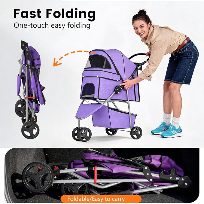 BestPet 3 Wheels Pet Stroller Dog Cat Cage Jogger Stroller for Medium Small Dogs Cats Folding Travel Carrier with Cup Holder, Waterproof Design & Removable Liner, Purple