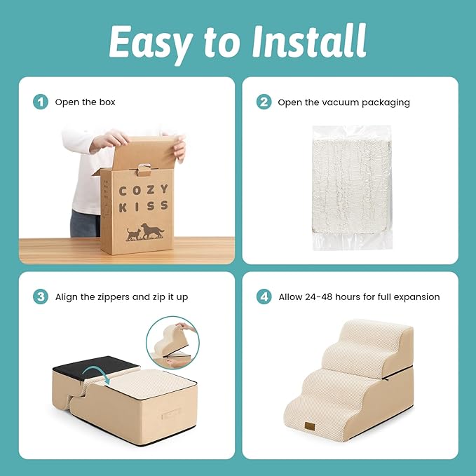 Detachable Dog Stairs for Small Dog, 4 Step Curved Dogs Step for Puppy or Older Cat, Ramp for Bed, Sofa, Couch or Chair, Ladder with High Density Foam, 15.7x28.3x19.7 inch, Beige