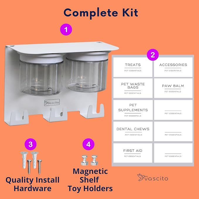 Dog Treat Holder For Wall Storage For Pets, Premium Pet Wall Organizer, Includes Two 16oz Airtight Dog Treat Jars, 3 Sets of Triple Hooks, Sturdy Shelf in Designer White