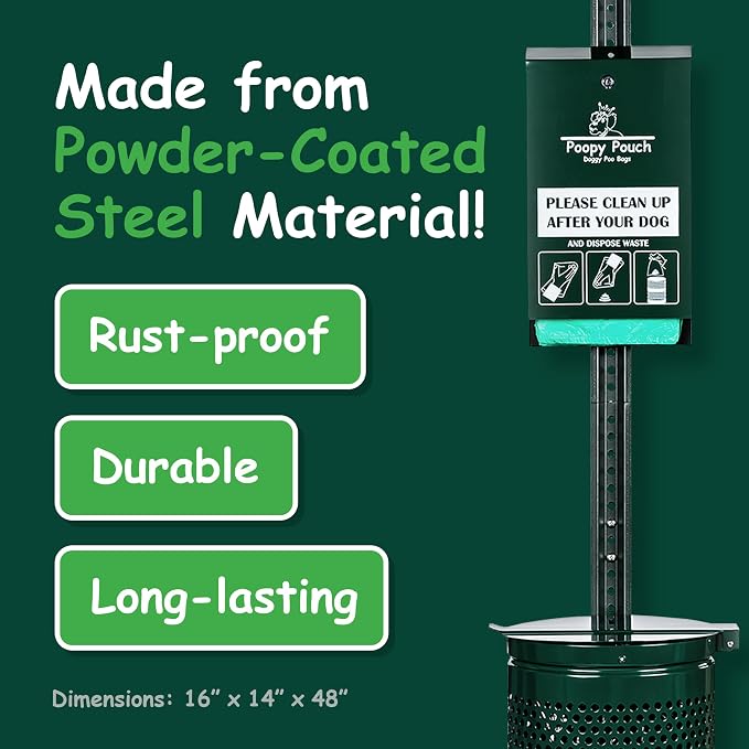 Regal Pet Waste Station - 8ft Green Steel Dog Waste Station - Includes a Dispenser (Holds up to 600 Single-Pull Poop Bags), a 10gal Trash Receptacle with Lid, and a 12"x18" Sign