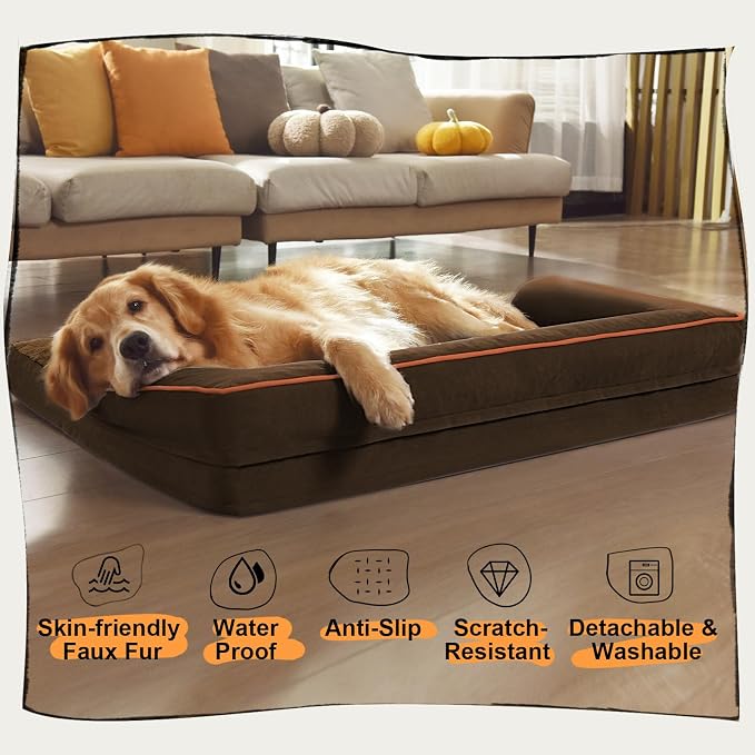 Orthopedic Waterproof Dog Bed with Bolster for Extra Large Size Dogs | Pillow Support for Neck Relief, Egg Crate Foam, Waterproof Liner, Anti-Slip Bottom, Removable Bolster Cover, 48 x 33 Inch