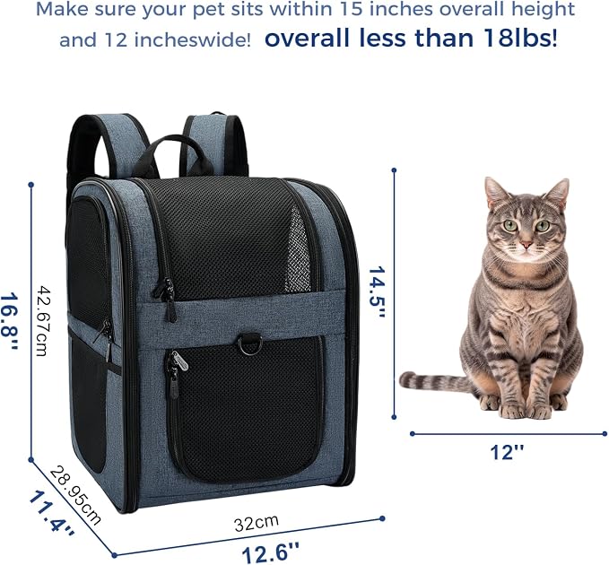 Apollo Walker Dog & Cat Carrier Backpack for 4-18lb Pets - Ventilated Safe Design with Padded Back Support, Breathable Mesh Pet Backpack for Hiking, Travel, Outdoor (Navy)