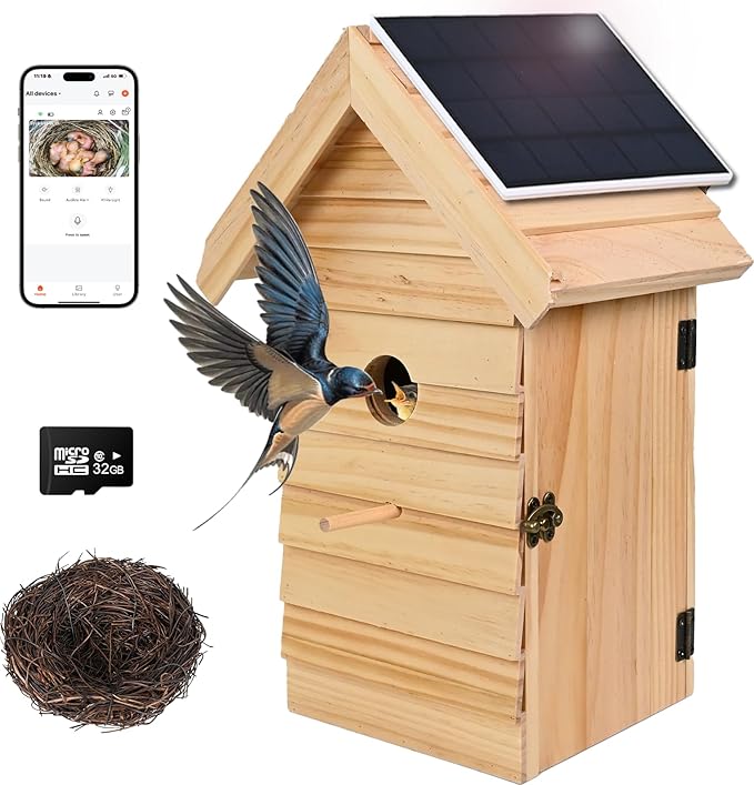 Smart Bird House with Camera, 2.4G WiFi & App Alerts, 160° Wide View 1080P HD Wireless Birdhouse, Auto Capture Bird Video & Motion Detection, Smart Bird House Camera Solar Powered (Natural, Normal)