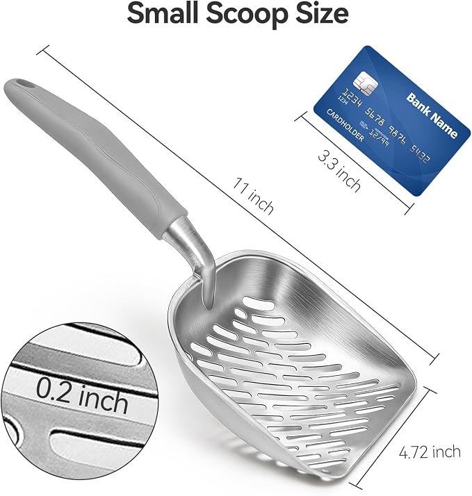 Cat Litter Scoop, Kitty Metal Scooper with Long Handle | Heavy Duty Aluminum Deep Sifter, Rustproof Durable Kitten Poop Shovel for Travel & Small Litter Box