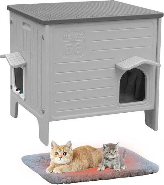 Cat House Outdoor with Cat Mat Large Weatherproof Plastic Cats Shelter | Weatherproof Cat House with Escape Door Indoor Waterproof Feral/Pet Cat Shelter Outside for Multiple Cats
