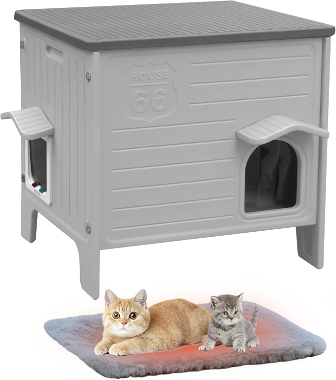 Cat House Outdoor with Cat Mat Weatherproof Plastic Cats Shelter Outside | with Escape Door, Weatherproof Waterproof Cat House Indoor Outdoor