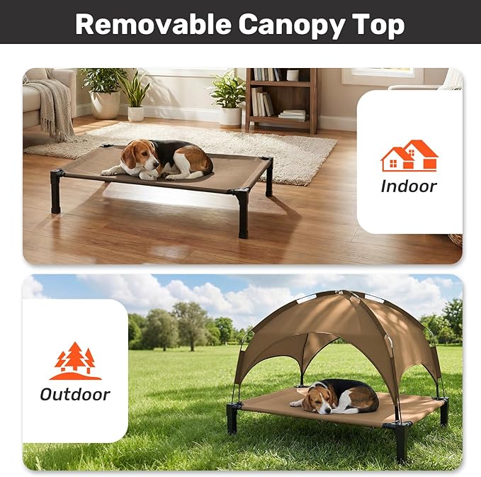 Elevated Dog Bed with Removable Canopy, Sun Protection Shade Tent Dog Cot | Portable Outdoor Dog Bed, Raised Pet Cooling Cot Bed for Dogs, 51in