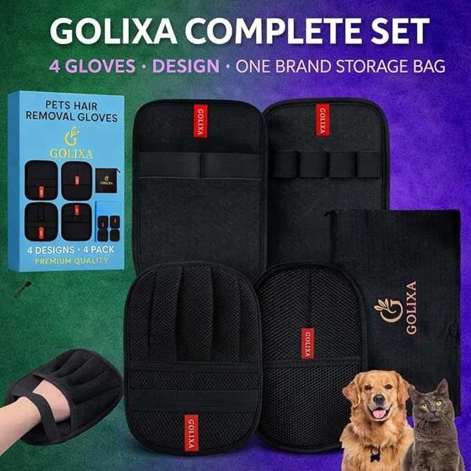 GOLIXA 4+1 Pack Pet Hair Remover Glove for Cats and Dogs, 4 Designs Electrostatic Pet Hair Removal Gloves Brush for Pets Hair, Best Animal Reusable Cats & Dogs Grooming Gloves for Hair Removal