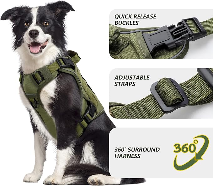 WINGOIN Green Tactical Dog Harness for Extra Large Dogs,No Pull Dog Harness | Heavy Duty with Handle,Adjustable Reflective,Military K9 Style,Big Size Dog Vest,for Great Danen,for Walking Training Hunting