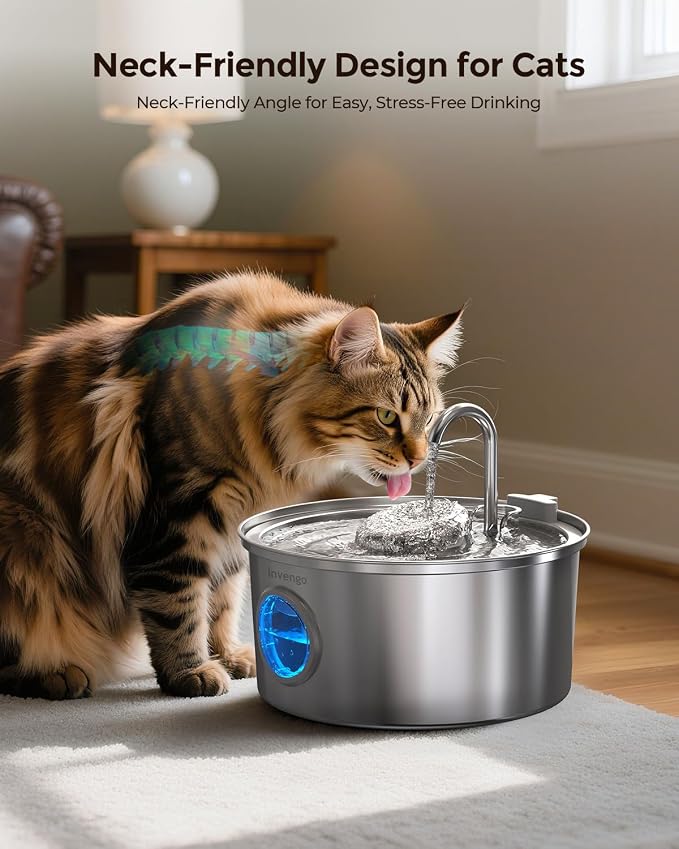 Invengo Cat Water Fountain Stainless Steel, 3.2L/108oz Pet Drinking Fountain for Cats Dogs, Automatic Cat Fountain with 2 Flow Modes, Splash-Proof Bowl, Includes 6 Replacement Filters
