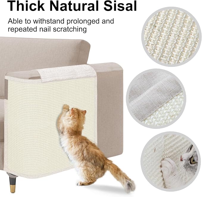 Cat Scratch Sofa Protector,23.6" L*19.7" W Cat Scratch Furniture Protector Pad, Couch Arm Sheild with Natural Sisal for Protecting Couch Sofa Chair Furniture(Beige/Left Handed)