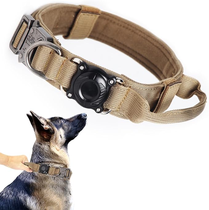 AirTag Dog Collar for Large Dogs Tactical Dog Collar with AirTag Holder | Upgrade Waterproof,Adjustable,Control Handle,Quick-Release Metal Buckle,1000D Nylon Fabric,Soft-Padde,Velcro Patch(Brown,XL)
