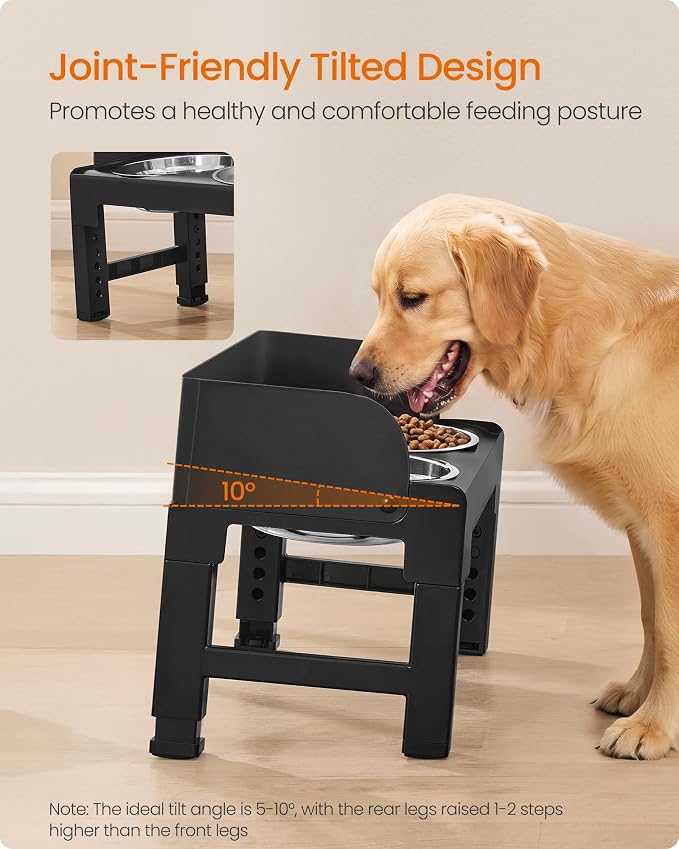 Feandrea Dog Bowls Elevated, Adjustable Height, Tilted Design | Raised Stand, 1 Slow Feeder, Two 304 Stainless Steel Bowls, Ink Black, BOXAL Collection UPRB104B101