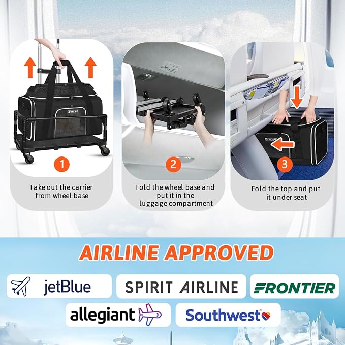 Petskd Top-Expandable Small Pet Carrier with Wheels (17" L x 12" W x 8.5" H), JetBlue/Allegiant/Spirit Airlines Approved, Rolling Pet Carrier for Small Dogs & Cats (Black)