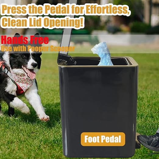 Metal Dog Pooper Scooper for Yard - Dog Poop Trash Can Outside with Pedal | 3.2 Gal Pet Waste Container Outdoor - Stainless Steel Garbage Bucket with Lid - Trash Bin, Long Handle Tray and Rake - Black