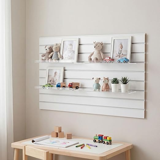 Yalikop 4 Pcs Slatwall Shelves Clear Acrylic Slatwall Shelves Organizer Wall Mounted Hanging Accessories Plastic Panel Display Shelf for Retail Store Boutique Garage Home(No Fence Style,14 x 6 Inch)