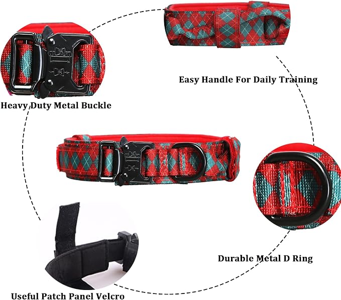 Tactical Dog Collar for Large Dogs with Control Handle,Grid | 1000D Heavy-Duty Nylon Fabric,Quick-Release Metal Buckle,Adjustable Fit,Soft-Padded Webbing,D-Ring,for Training & Hiking,S