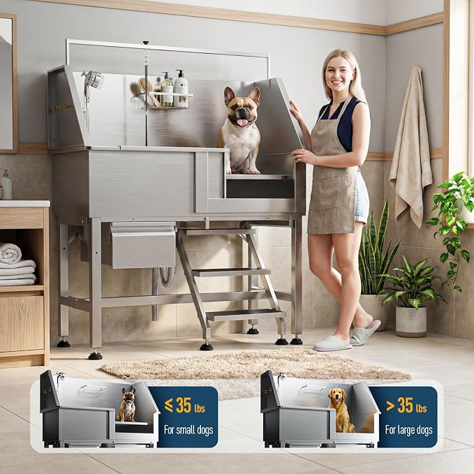 46" Dog Washing Station, 304 Stainless Steel, 440 lb, Side Step | hot cold faucet, fixed sprayer, shampoo dispenser, storage drawer, S-trap, hair filter, garage outdoor grooming