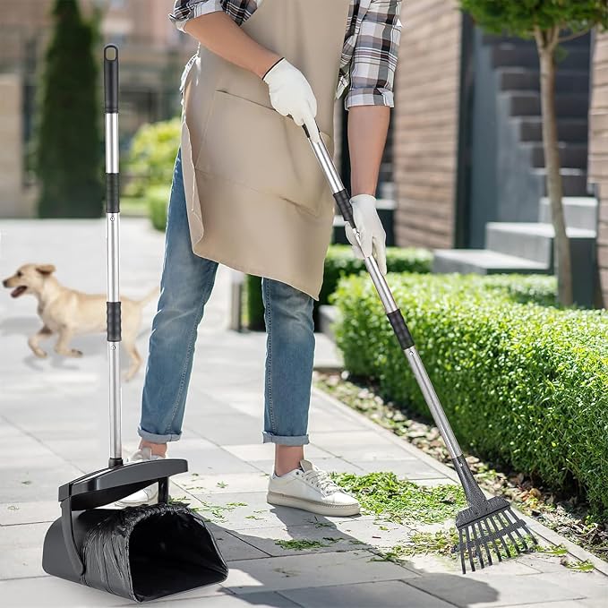 3pcs Heavy Duty Dog Pooper Scooper with 40 Bags, Long Handle Swivel Bin & Rake Spade for Large Medium Dogs, Pet Waste Removal for Yard Grass Gravel, Easy to Clean